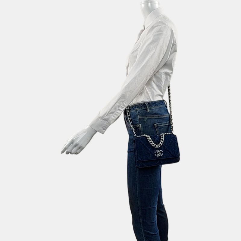 CHANEL 19 WOC深藍色牛仔布菱格紋絎縫斜挎包手提包單肩包 金色銀色釕色五金-1