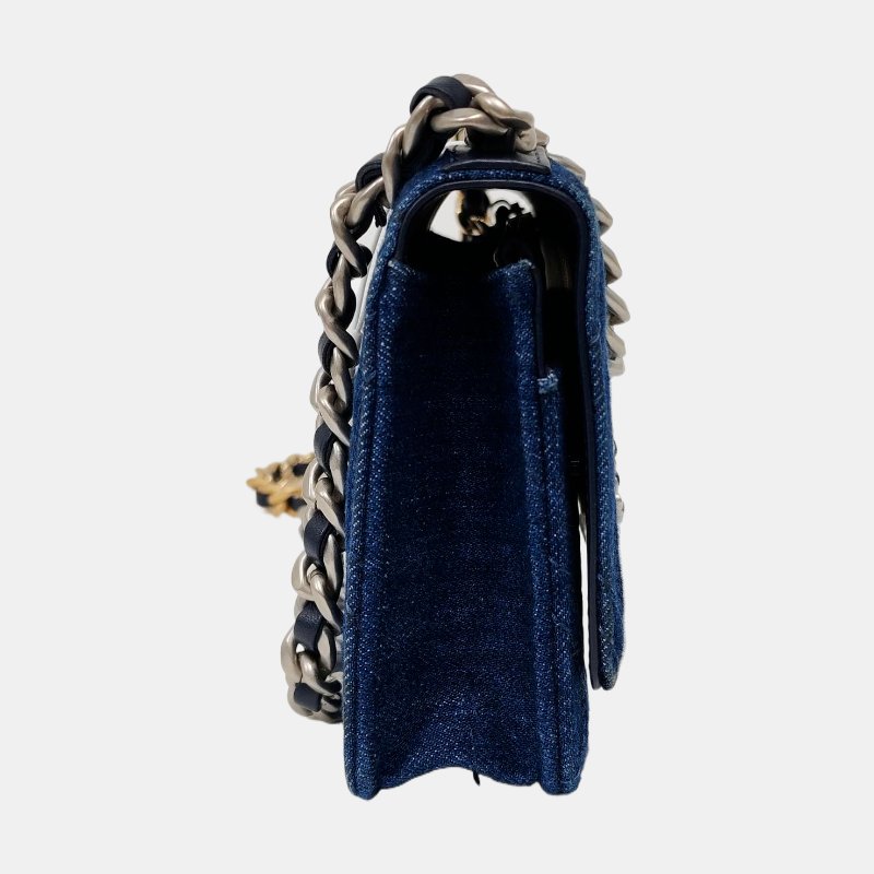 CHANEL 19 WOC深藍色牛仔布菱格紋絎縫斜挎包手提包單肩包 金色銀色釕色五金-3
