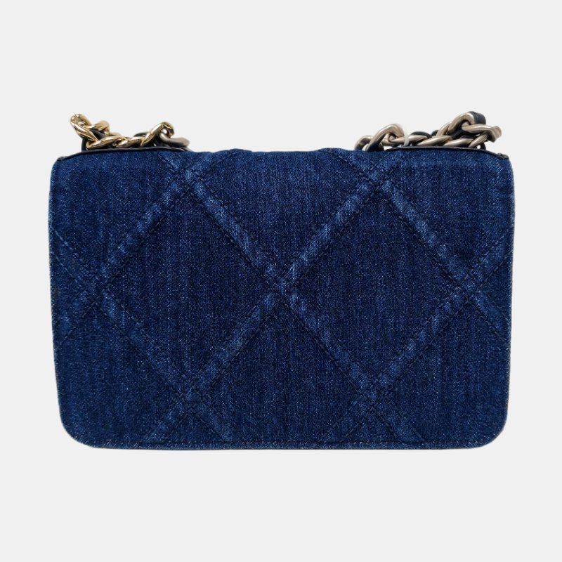 CHANEL 19 WOC深藍色牛仔布菱格紋絎縫斜挎包手提包單肩包 金色銀色釕色五金-4