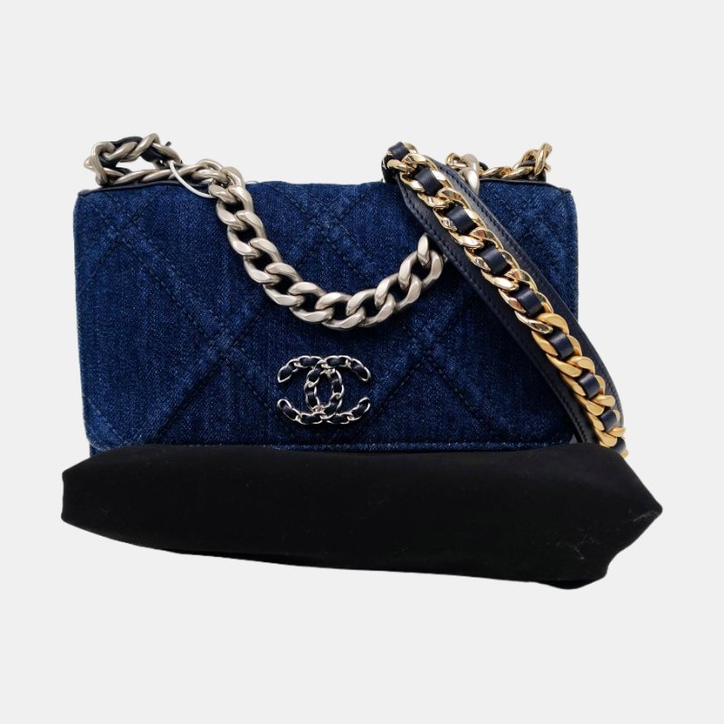 CHANEL 19 WOC深藍色牛仔布菱格紋絎縫斜挎包手提包單肩包 金色銀色釕色五金-7