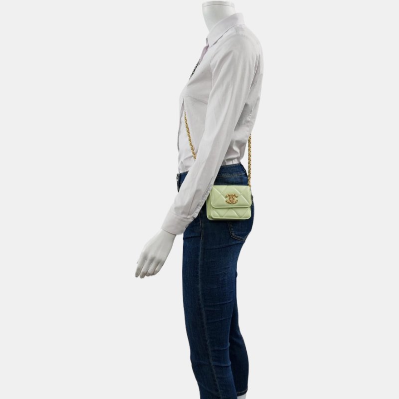 CHANEL 19 綠色羊皮菱格紋絎縫斜背包單肩包 金色銀色釕色五金 31開 配件齊全 9.8新-1