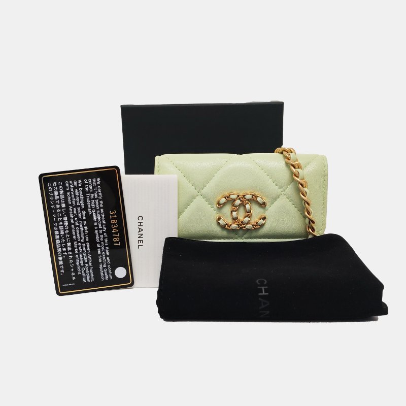 CHANEL 19 綠色羊皮菱格紋絎縫斜背包單肩包 金色銀色釕色五金 31開 配件齊全 9.8新-7