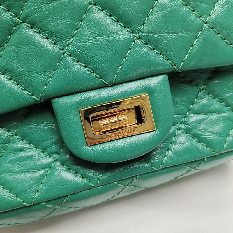 CHANEL 2.55 迷你 綠色牛皮菱格紋絎斜背包 金色五金 28開-7