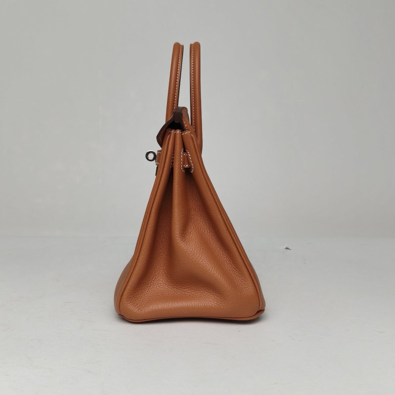 HERMES Birkin2580珍珠灰拼37金棕色TN皮Y刻銀扣肩背包-1