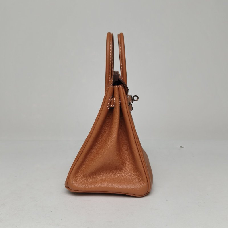 HERMES Birkin2580珍珠灰拼37金棕色TN皮Y刻銀扣肩背包-3