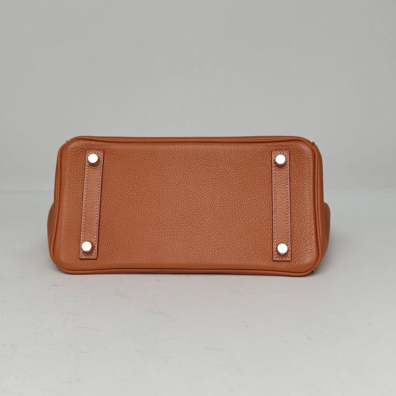 HERMES Birkin2580珍珠灰拼37金棕色TN皮Y刻銀扣肩背包-4