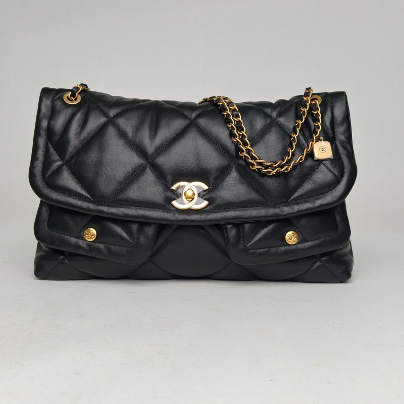CHANEL 黑色羊皮晶片開金扣25kHOBO雙口袋口蓋包翻蓋鏈條包40肩背包-0