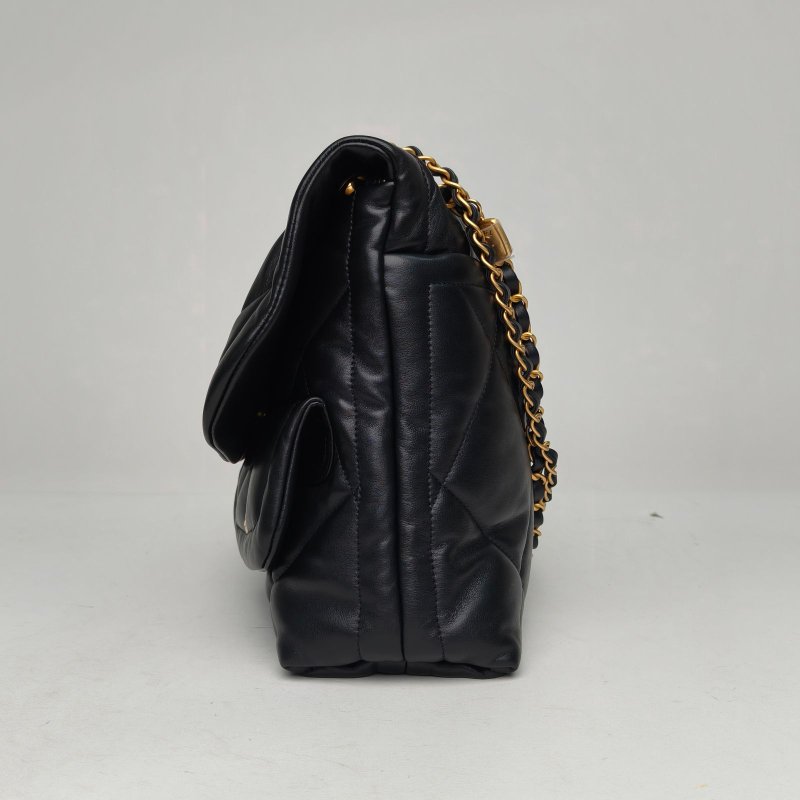 CHANEL 黑色羊皮晶片開金扣25kHOBO雙口袋口蓋包翻蓋鏈條包40肩背包-1