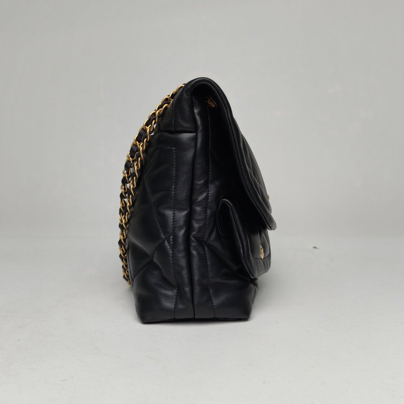 CHANEL 黑色羊皮晶片開金扣25kHOBO雙口袋口蓋包翻蓋鏈條包40肩背包-3