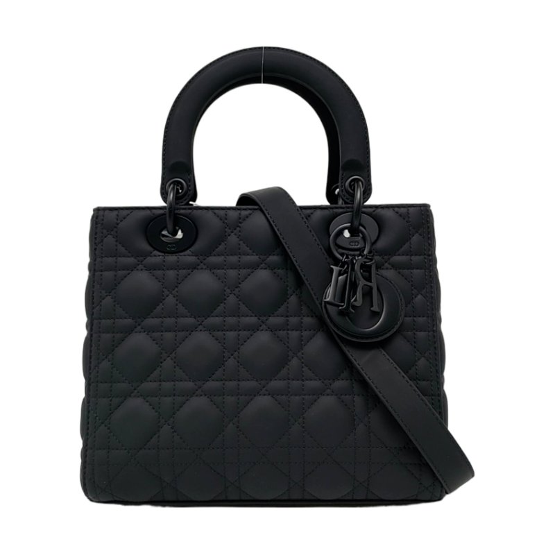 DIOR Lady Dior 中號 黑色牛皮藤格紋絎縫戴妃五格單肩包手提包斜挎包 黑色五金 可拆卸肩帶 2022 9.8新-0