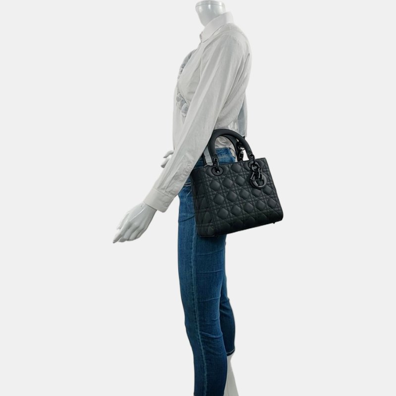 DIOR Lady Dior 中號 黑色牛皮藤格紋絎縫戴妃五格單肩包手提包斜挎包 黑色五金 可拆卸肩帶 2022 9.8新-1