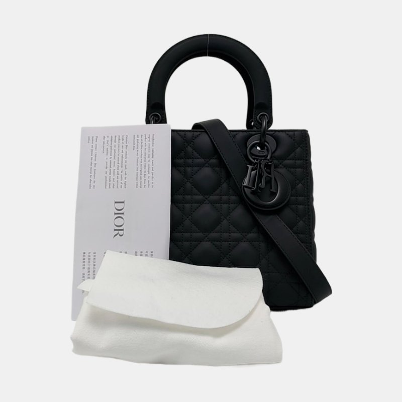 DIOR Lady Dior 中號 黑色牛皮藤格紋絎縫戴妃五格單肩包手提包斜挎包 黑色五金 可拆卸肩帶 2022 9.8新-7