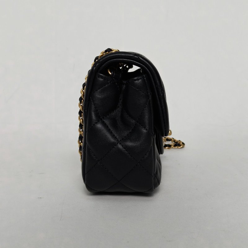 CHANEL CF口蓋包大Mini20黑色羊皮晶片開金扣金球調節扣肩帶肩背包-3