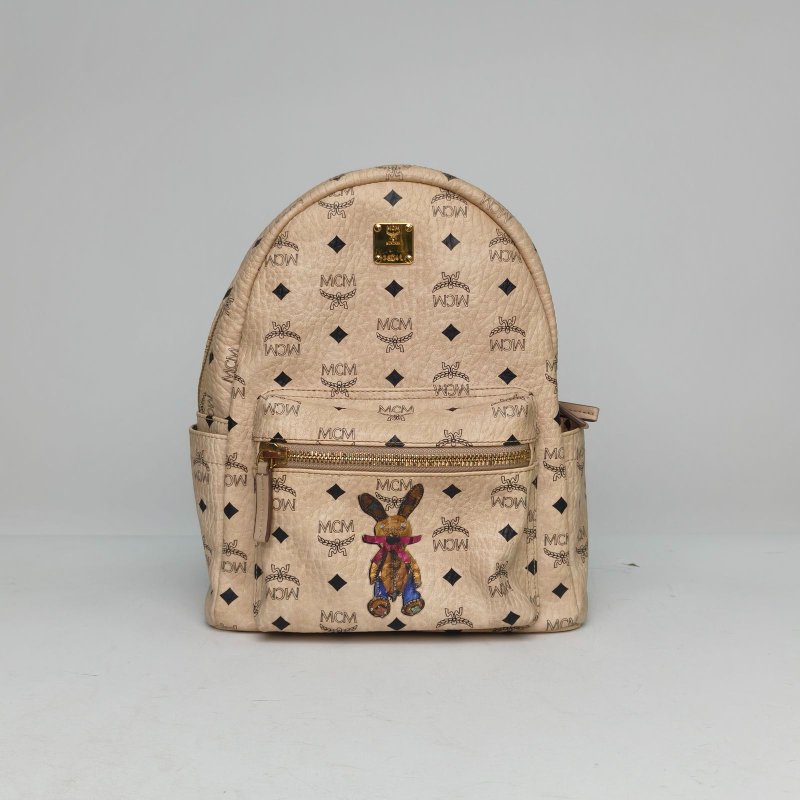 MCM 米白色牛皮雙肩包小號兔子肩背包-0