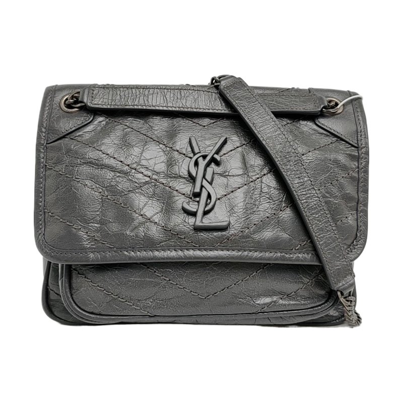 YSL NIKI 小號 深灰色牛皮絎縫V紋肩包斜背包 釕色五金 9.8新-0