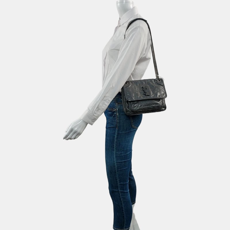 YSL NIKI 小號 深灰色牛皮絎縫V紋肩包斜背包 釕色五金 9.8新-1