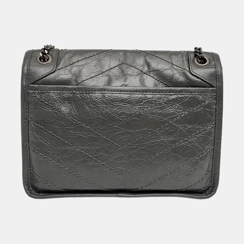 YSL NIKI 小號 深灰色牛皮絎縫V紋肩包斜背包 釕色五金 9.8新-4