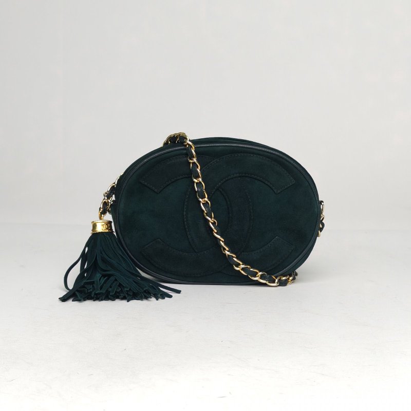 CHANEL 墨綠色麂皮1開金扣中古雙C大logo流蘇斜挎包肩背包-0