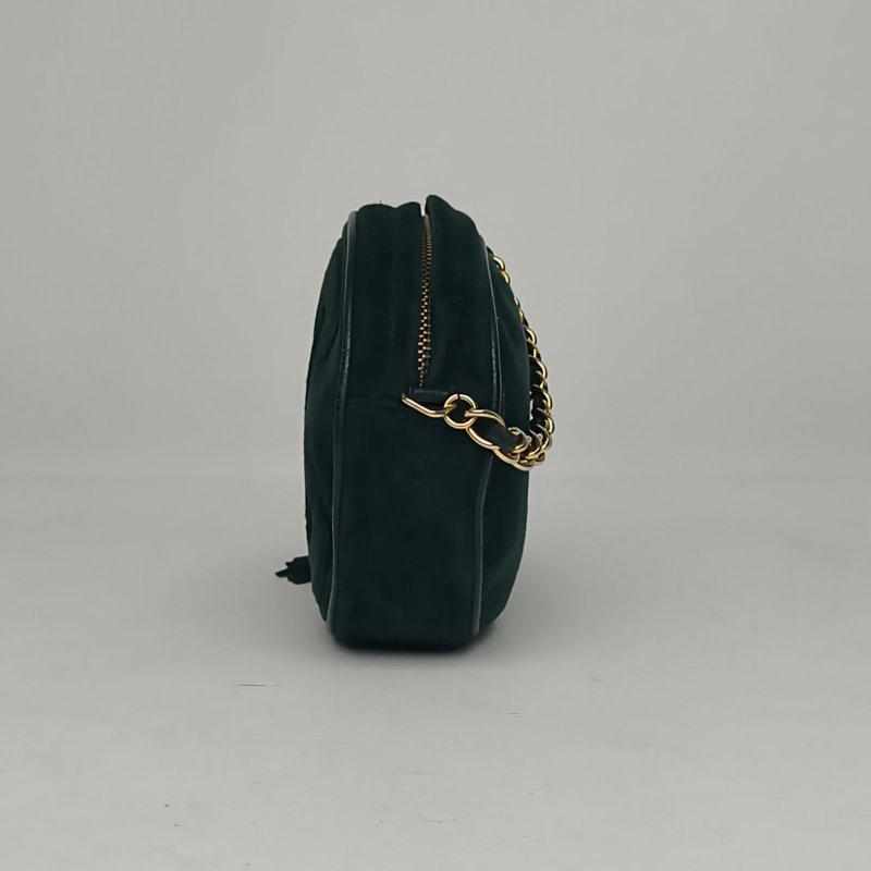 CHANEL 墨綠色麂皮1開金扣中古雙C大logo流蘇斜挎包肩背包-1
