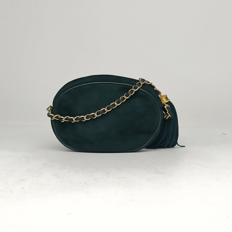 CHANEL 墨綠色麂皮1開金扣中古雙C大logo流蘇斜挎包肩背包-2