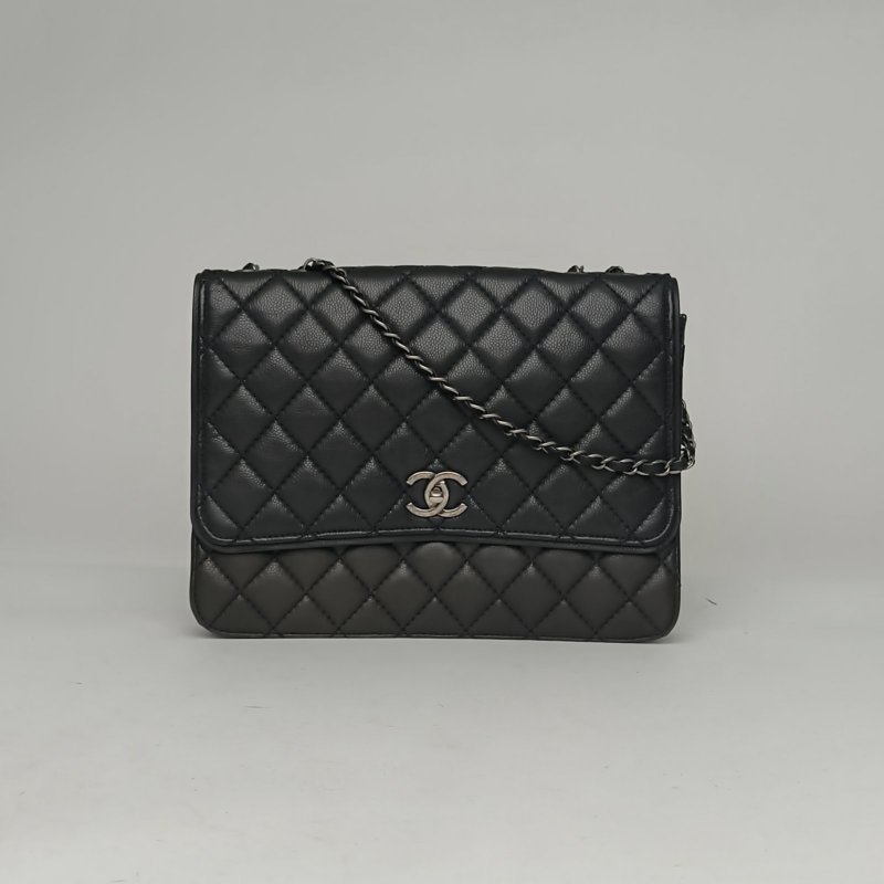 CHANEL 墨綠色荔枝牛皮19開銀扣CF季節款口蓋包風琴包30方版肩背包-0