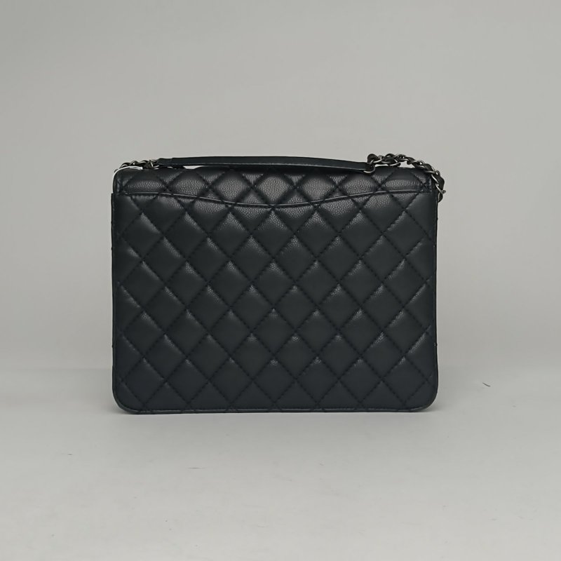 CHANEL 墨綠色荔枝牛皮19開銀扣CF季節款口蓋包風琴包30方版肩背包-2