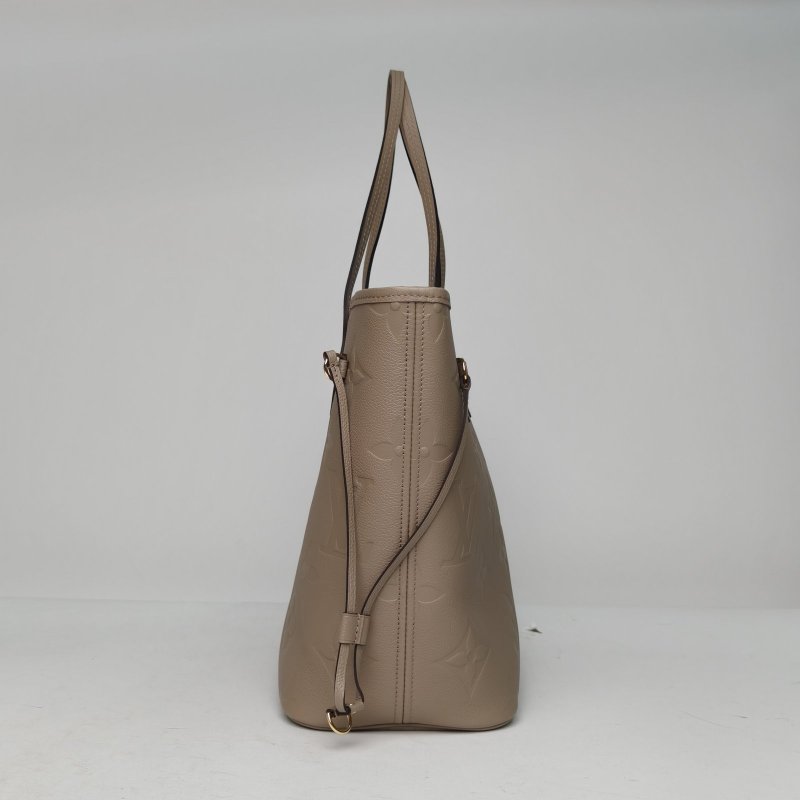 LOUIS VUITTON Neverfull中號31配子袋灰色牛皮金扣晶片老花壓紋肩背包-1