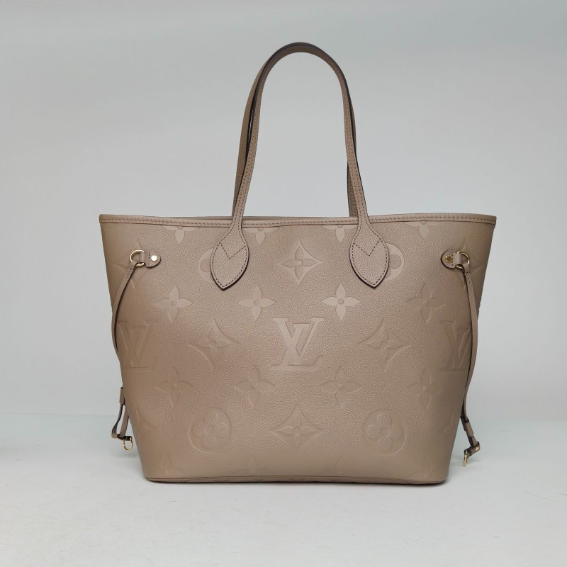 LOUIS VUITTON Neverfull中號31配子袋灰色牛皮金扣晶片老花壓紋肩背包-2