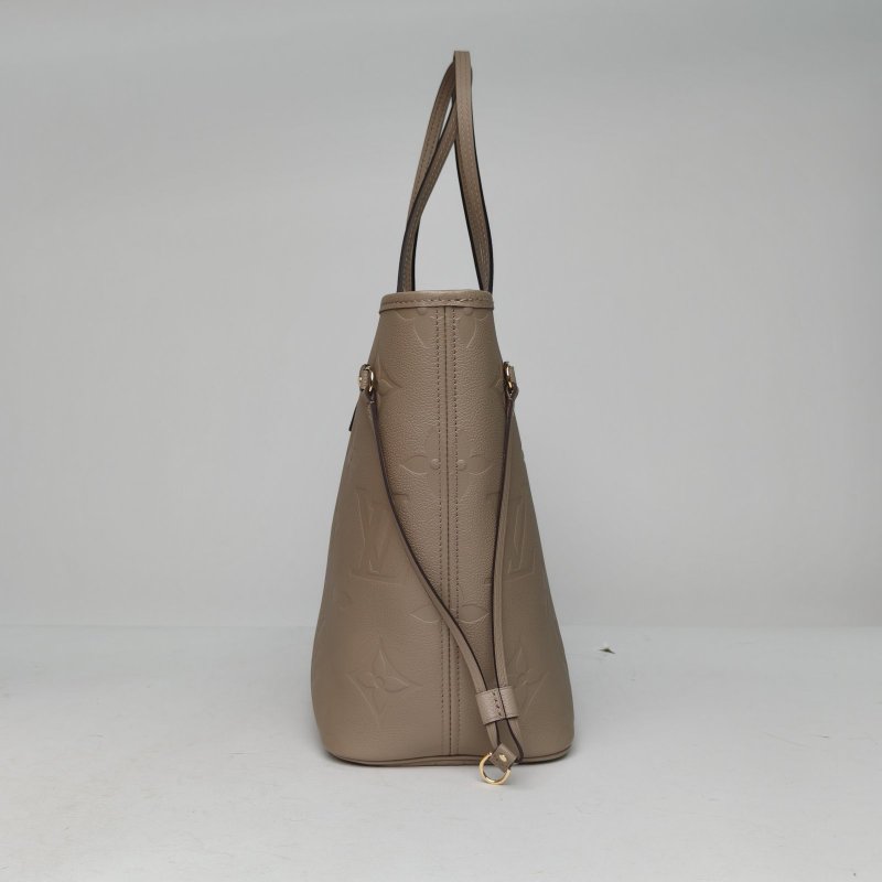 LOUIS VUITTON Neverfull中號31配子袋灰色牛皮金扣晶片老花壓紋肩背包-3