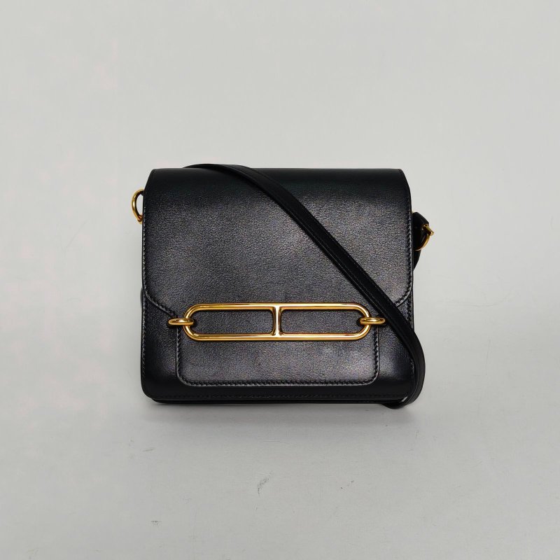 HERMES Roulis豬鼻子1989黑色EVERGRAIN皮C刻金扣肩背包-0