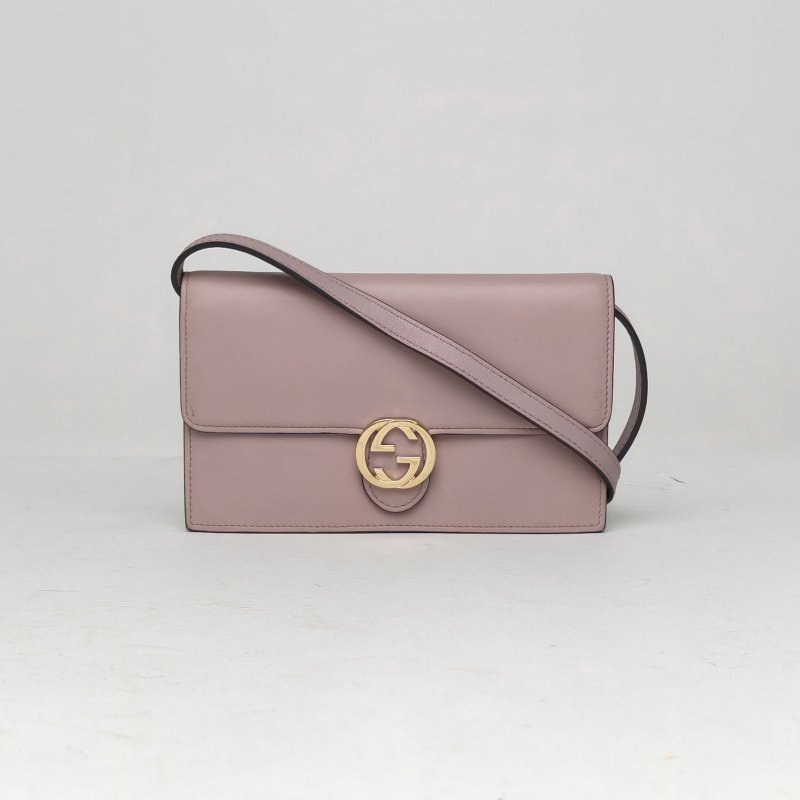 GUCCI InterlockWoc19粉色牛皮金扣肩背包-0