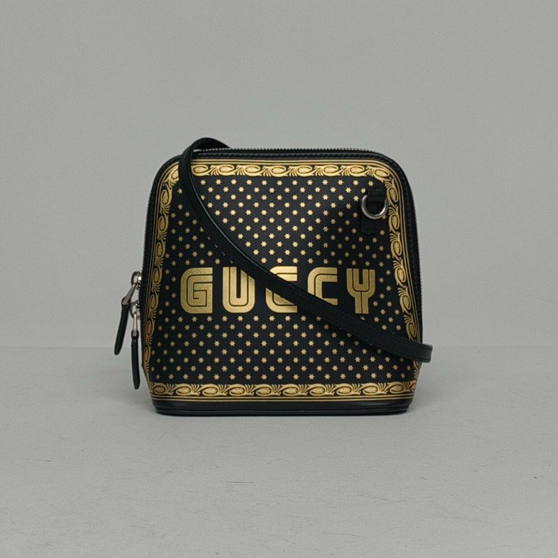 GUCCI 黑色牛皮銀扣LOGO字母貝殼包斜挎包肩背包-0