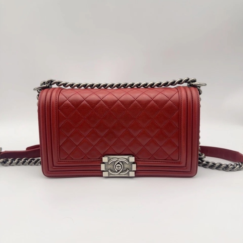 Chanel 香奈兒 Boy紅色牛皮 鏈條包 18開-0