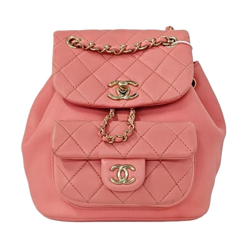 CHANEL DUMA 小號 粉紅羊皮菱格紋絎縫雙肩包手提包 金色五金 9.8新 晶片款-0