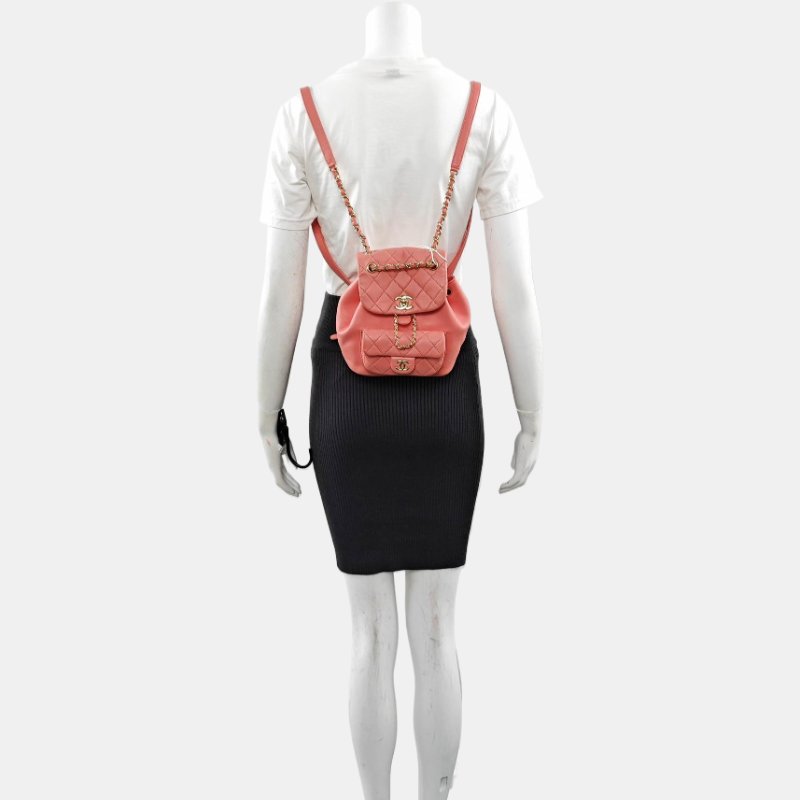 CHANEL DUMA 小號 粉紅羊皮菱格紋絎縫雙肩包手提包 金色五金 9.8新 晶片款-1