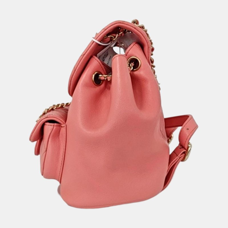 CHANEL DUMA 小號 粉紅羊皮菱格紋絎縫雙肩包手提包 金色五金 9.8新 晶片款-2