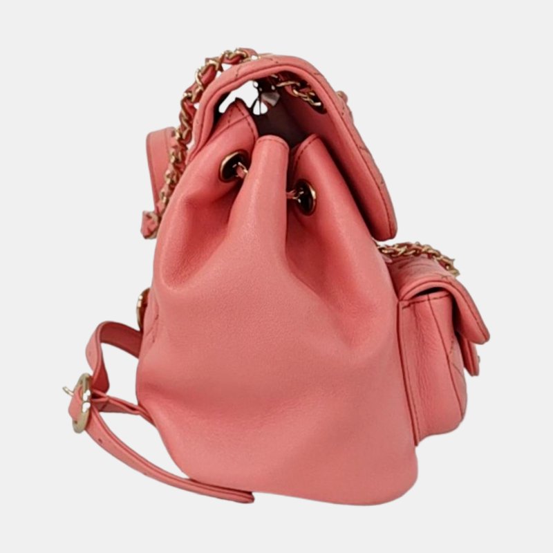 CHANEL DUMA 小號 粉紅羊皮菱格紋絎縫雙肩包手提包 金色五金 9.8新 晶片款-3