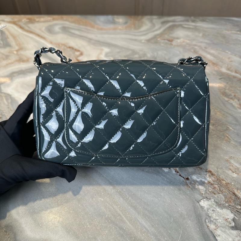 Chanel/香奈兒 CF大mini 深藍色銀扣漆皮 肩背包斜背包-2