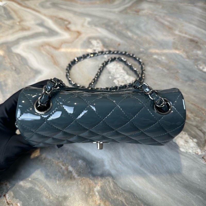 Chanel/香奈兒 CF大mini 深藍色銀扣漆皮 肩背包斜背包-3