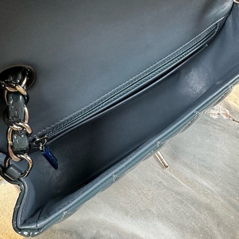 Chanel/香奈兒 CF大mini 深藍色銀扣漆皮 肩背包斜背包-5