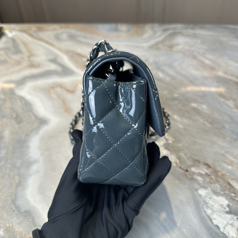 Chanel/香奈兒 CF大mini 深藍色銀扣漆皮 肩背包斜背包-6