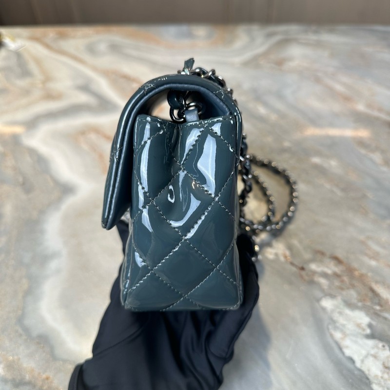 Chanel/香奈兒 CF大mini 深藍色銀扣漆皮 肩背包斜背包-7