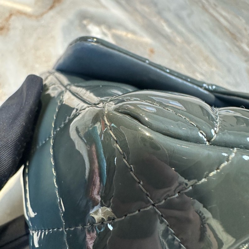 Chanel/香奈兒 CF大mini 深藍色銀扣漆皮 肩背包斜背包-9