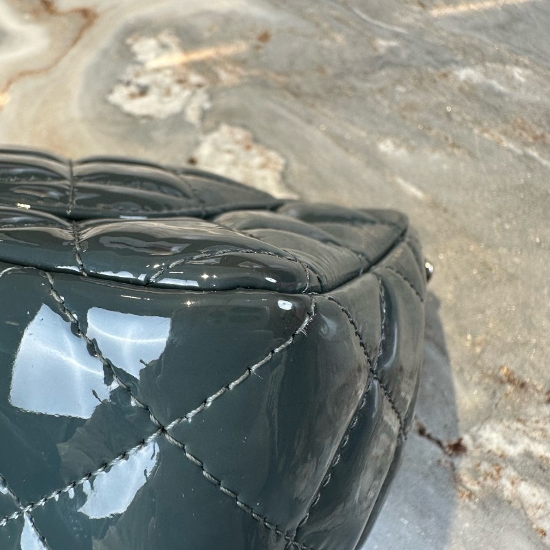 Chanel/香奈兒 CF大mini 深藍色銀扣漆皮 肩背包斜背包-11