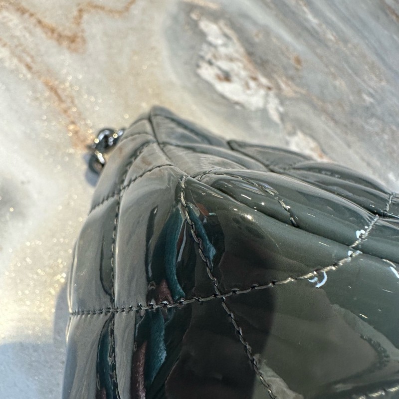 Chanel/香奈兒 CF大mini 深藍色銀扣漆皮 肩背包斜背包-12