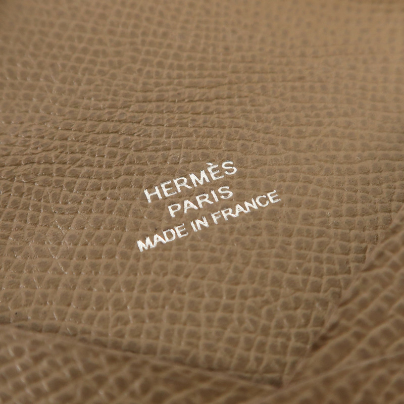 HERMES Epsom皮革Calvi銀扣卡片套Etoupe-5