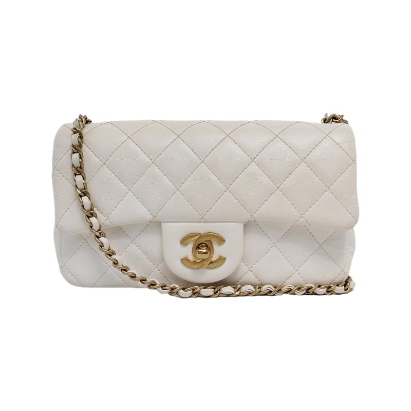 CHANEL CLASSIC FLAP 迷你 白色羊皮萎格紋絎縫大迷你單肩包斜挎包 金色五金 30開-0
