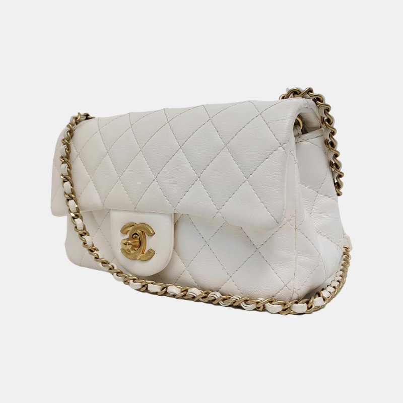 CHANEL CLASSIC FLAP 迷你 白色羊皮萎格紋絎縫大迷你單肩包斜挎包 金色五金 30開-2