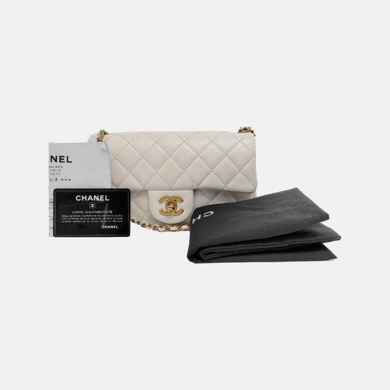 CHANEL CLASSIC FLAP 迷你 白色羊皮萎格紋絎縫大迷你單肩包斜挎包 金色五金 30開-6
