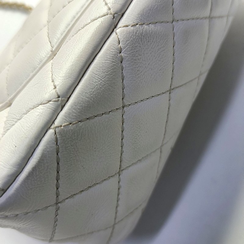 CHANEL CLASSIC FLAP 迷你 白色羊皮萎格紋絎縫大迷你單肩包斜挎包 金色五金 30開-10